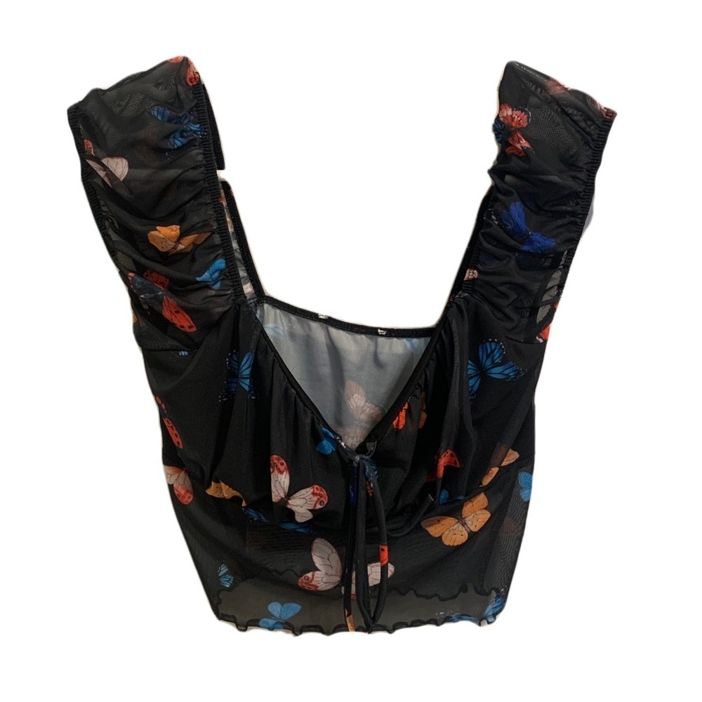 💜 Sheer Black Butterfly Print Ruched Crop Top - Puffed Sleeves-Small